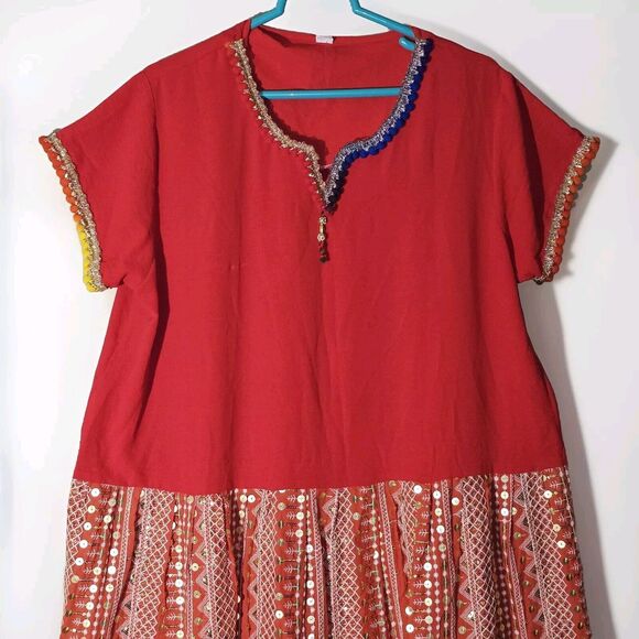 Red Gold Sequin Kurta Midi Dress Women Size M/L Bohemian Glam Worldly - Picture 1 of 14